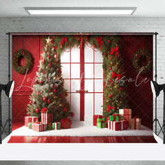 Lofaris Festive Pine Trees Wreath Red Door Xmas Backdrop