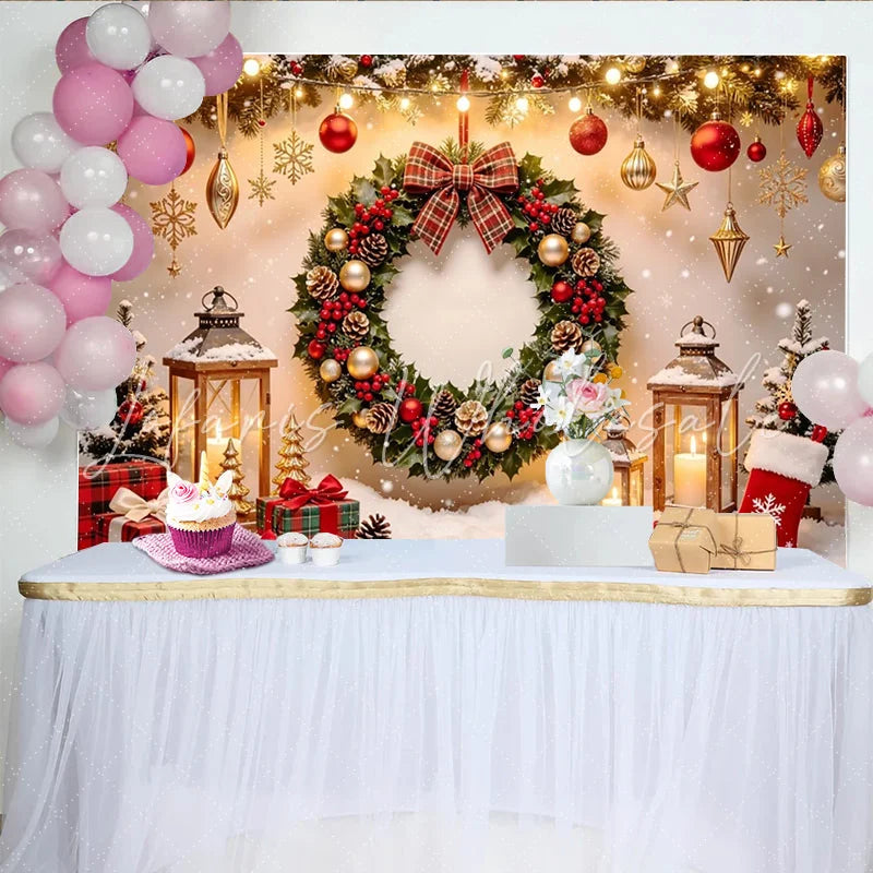 Lofaris Festive Red and Gold Christmas Backdrop with Wreath and Lanterns Cozy Winter Scene Photography Background for Holiday Decor