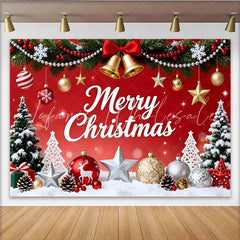 Lofaris Festive Red and Green Christmas Backdrop with Merry Christmas Text Golden Bells and Snowflakes for Winter Party Decor.