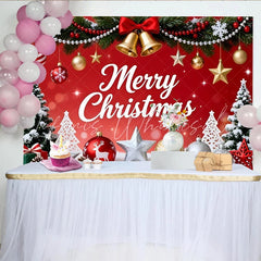 Lofaris Festive Red and Green Christmas Backdrop with Merry Christmas Text Golden Bells and Snowflakes for Winter Party Decor.