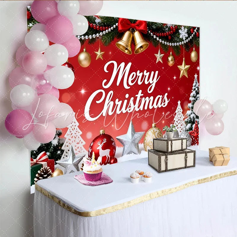 Lofaris Festive Red and Green Christmas Backdrop with Merry Christmas Text Golden Bells and Snowflakes for Winter Party Decor.