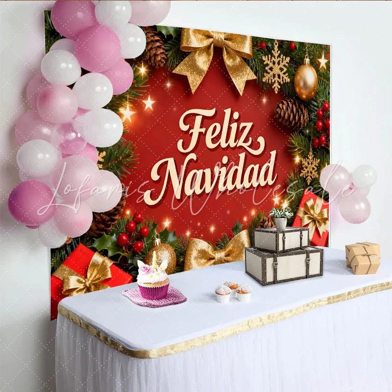 Lofaris Festive Red and Green Christmas Wreath Feliz Navidad Party Backdrop Golden Ornaments Holiday Celebration Decor