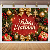 Lofaris Festive Red and Green Christmas Wreath Feliz Navidad Party Backdrop Golden Ornaments Holiday Celebration Decor