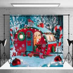 Lofaris Festive Red Camper Van Forest Merry Xmas Backdrop