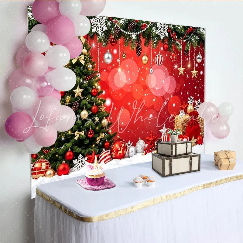 Lofaris Festive Red Christmas Tree Backdrop with Snow and Gifts Sparkling Holiday Party Background for Winter Photography