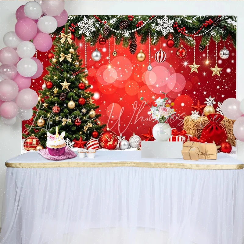 Lofaris Festive Red Christmas Tree Backdrop with Snow and Gifts Sparkling Holiday Party Background for Winter Photography