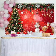 Lofaris Festive Red Christmas Tree Backdrop with Snow and Gifts Sparkling Holiday Party Background for Winter Photography