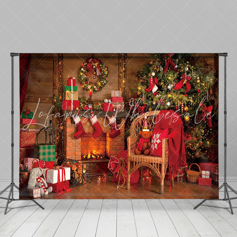 Lofaris Festive Red Wooden Room Fireplace Christmas Backdrop