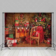 Lofaris Festive Red Wooden Room Fireplace Christmas Backdrop