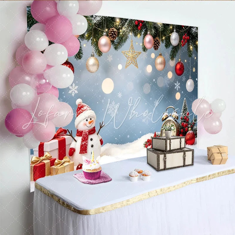 Lofaris Festive Snowman Christmas Backdrop with Ornaments and Gifts Snowy Winter Wonderland Background for Holiday Photoshoots