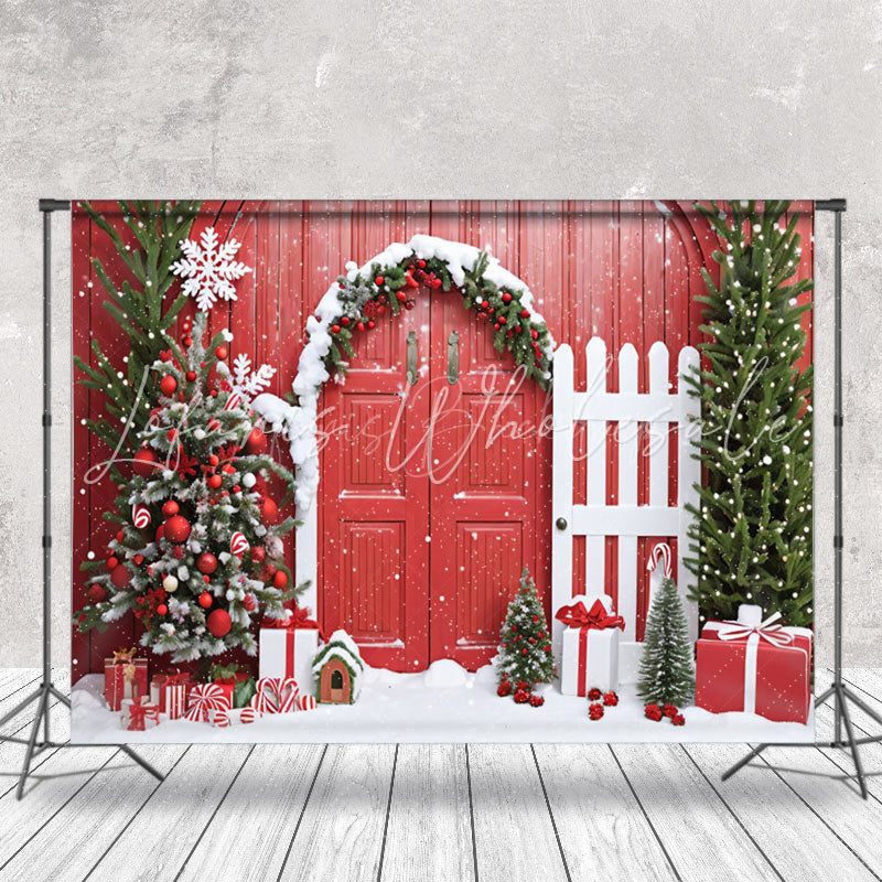 Lofaris Festive Tree Red Wood Door Fence Christmas Backdrop