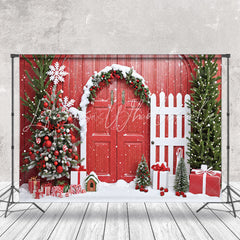 Lofaris Festive Tree Red Wood Door Fence Christmas Backdrop