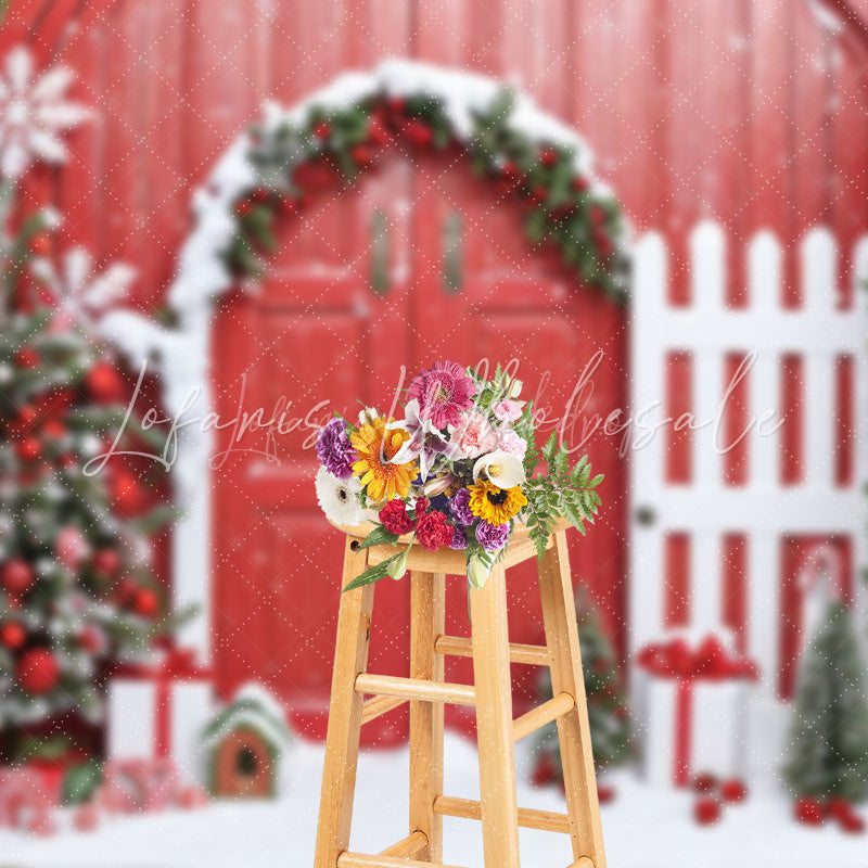 Lofaris Festive Tree Red Wood Door Fence Christmas Backdrop
