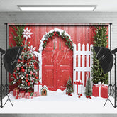 Lofaris Festive Tree Red Wood Door Fence Christmas Backdrop