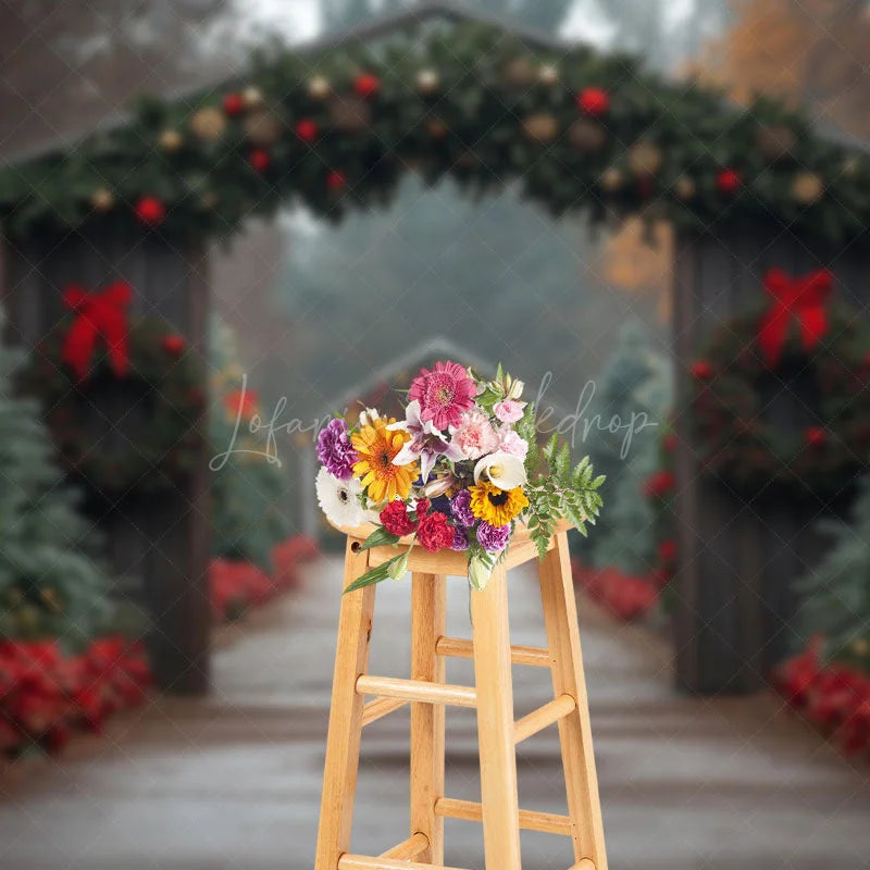 Lofaris Festive Wood Door Pine Trees Path Christmas Backdrop