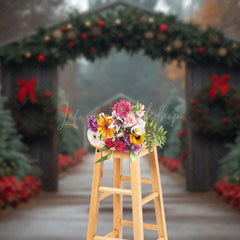 Lofaris Festive Wood Door Pine Trees Path Christmas Backdrop