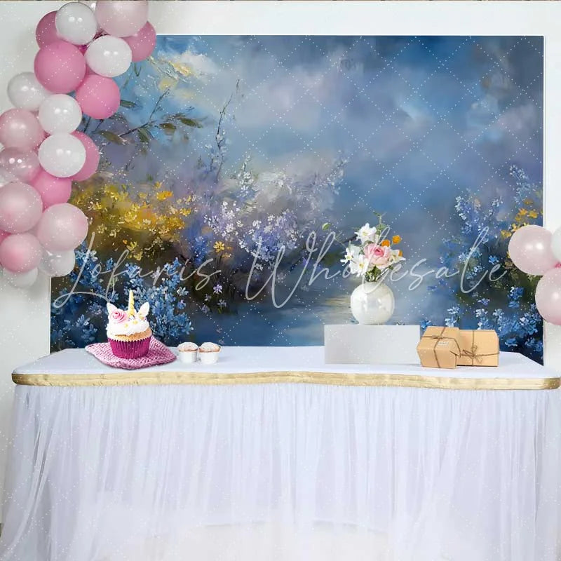 Lofaris Fine Art Blue and Gold Floral Backdrop Dramatic Cloudy Sky Oil Painting Studio Background