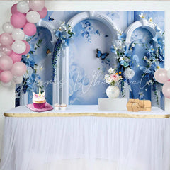 Lofaris Fine Art Blue Floral Dream Backdrop White Ornate Arch and Butterfly Photography Background