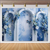 Lofaris Fine Art Blue Floral Dream Backdrop White Ornate Arch and Butterfly Photography Background