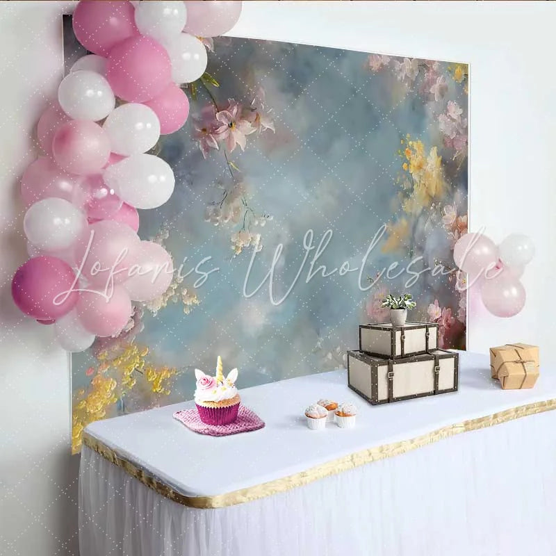 Lofaris Fine Art Pink Floral Frame Backdrop Abstract Blue and Grey Sky Oil Painting Background