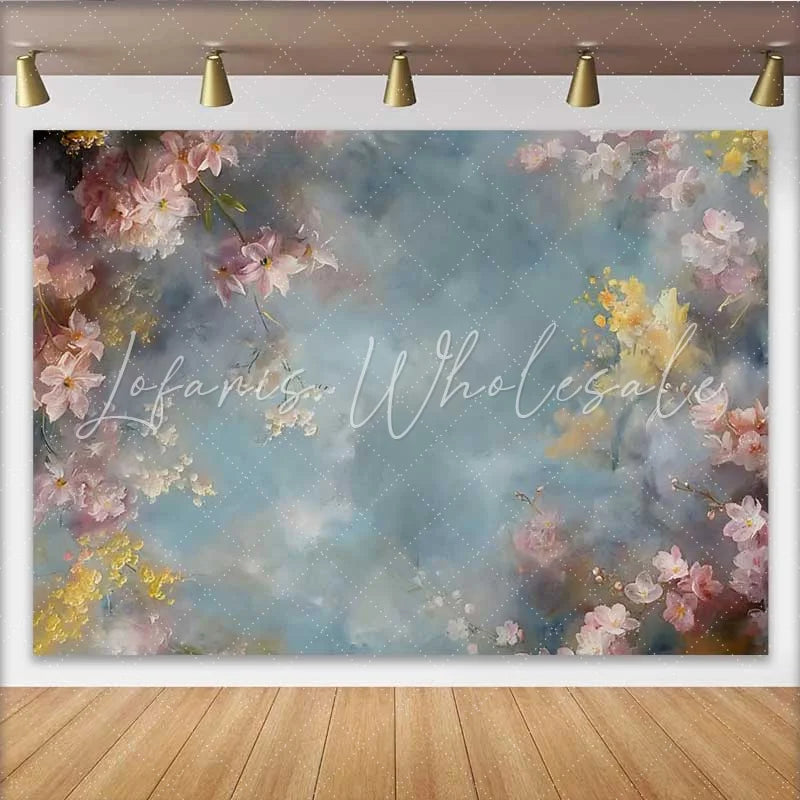 Lofaris Fine Art Pink Floral Frame Backdrop Abstract Blue and Grey Sky Oil Painting Background
