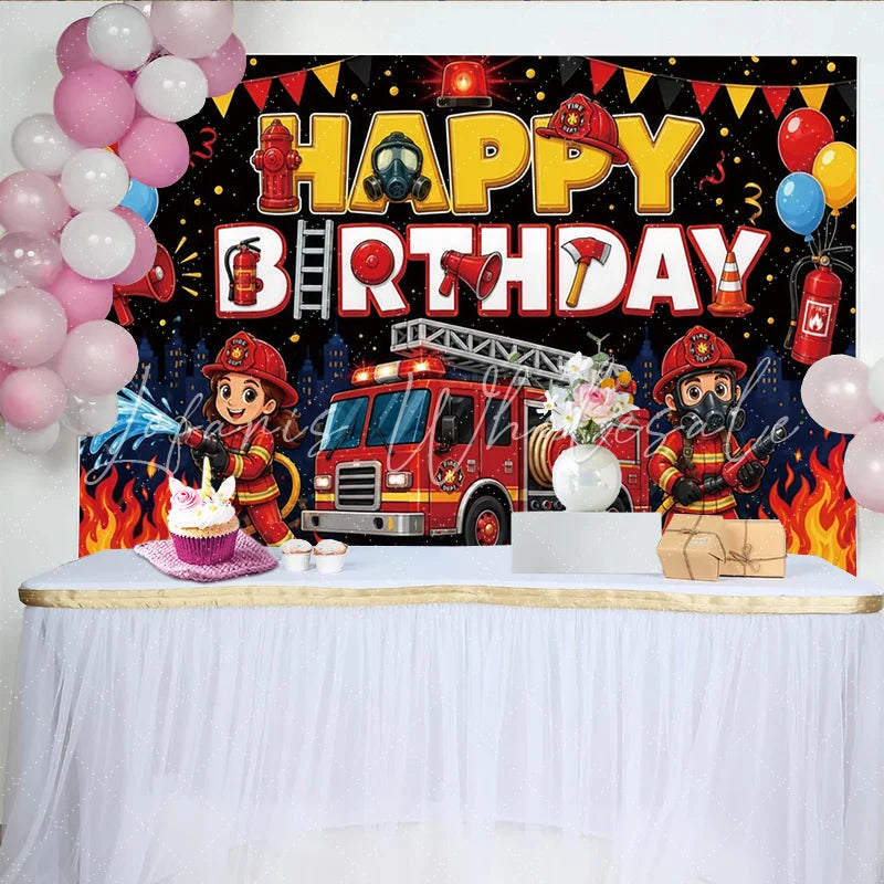 Lofaris Firefighter Cartoon Happy Birthday Backdrop with Red Fire Truck Cute Fireman Party Background for Kids Photo Booth Props