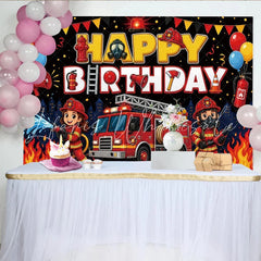 Lofaris Firefighter Cartoon Happy Birthday Backdrop with Red Fire Truck Cute Fireman Party Background for Kids Photo Booth Props