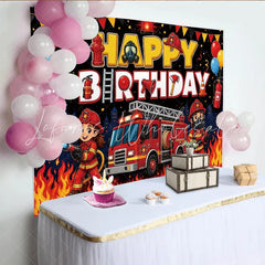 Lofaris Firefighter Cartoon Happy Birthday Backdrop with Red Fire Truck Cute Fireman Party Background for Kids Photo Booth Props