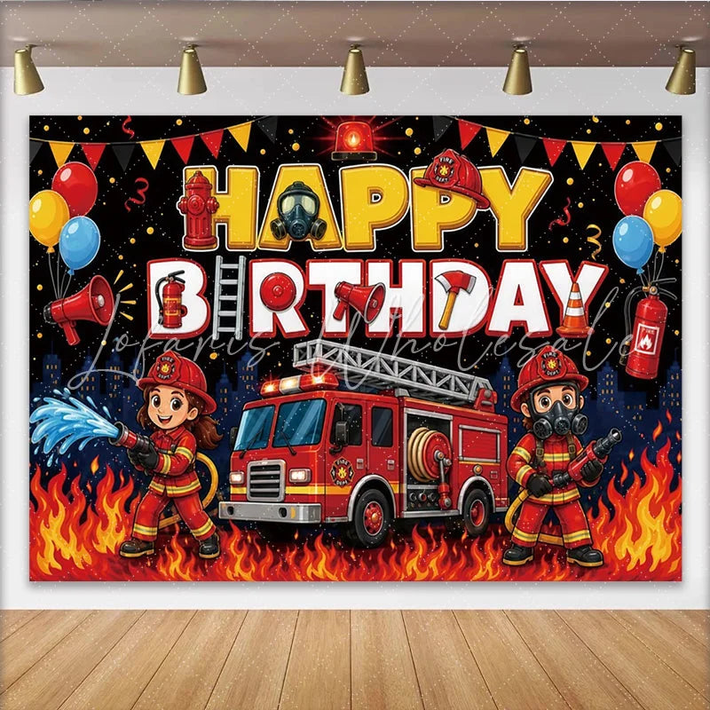 Lofaris Firefighter Cartoon Happy Birthday Backdrop with Red Fire Truck Cute Fireman Party Background for Kids Photo Booth Props
