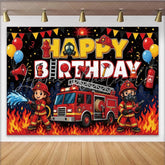 Lofaris Firefighter Cartoon Happy Birthday Backdrop with Red Fire Truck Cute Fireman Party Background for Kids Photo Booth Props