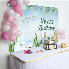 Lofaris Fishing Theme Birthday Backdrop Watercolor Camping and Pond Life Party Background for Outdoorsman