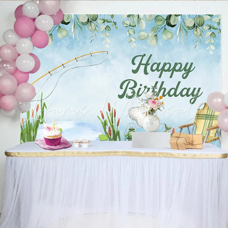 Lofaris Fishing Theme Birthday Backdrop Watercolor Camping and Pond Life Party Background for Outdoorsman