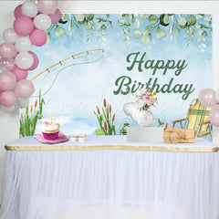 Lofaris Fishing Theme Birthday Backdrop Watercolor Camping and Pond Life Party Background for Outdoorsman