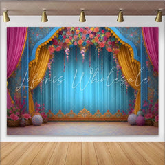 Lofaris Floral Arch Stage Backdrop Ornate Blue Theater Frame Wedding and Event Photography Banner