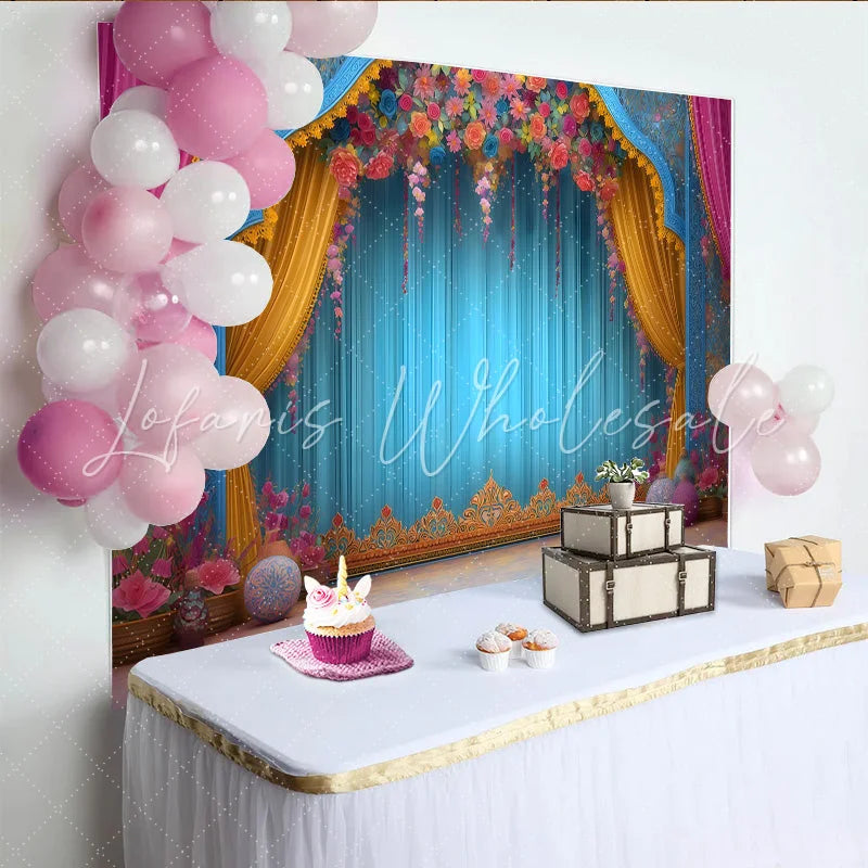 Lofaris Floral Arch Stage Backdrop Ornate Blue Theater Frame Wedding and Event Photography Banner