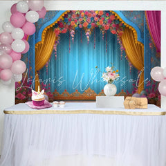 Lofaris Floral Arch Stage Backdrop Ornate Blue Theater Frame Wedding and Event Photography Banner