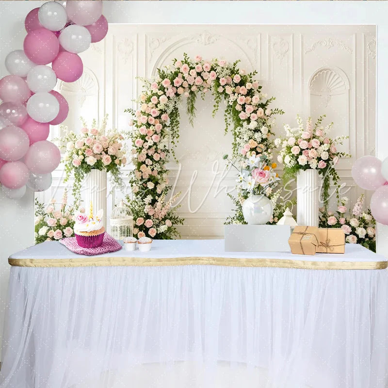 Lofaris Floral Arch Wedding Backdrop with Pink Roses and Greenery Classic White Wall Background for Bridal Shower Engagement Party