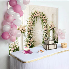 Lofaris Floral Arch Wedding Backdrop with Pink Roses and Greenery Classic White Wall Background for Bridal Shower Engagement Party
