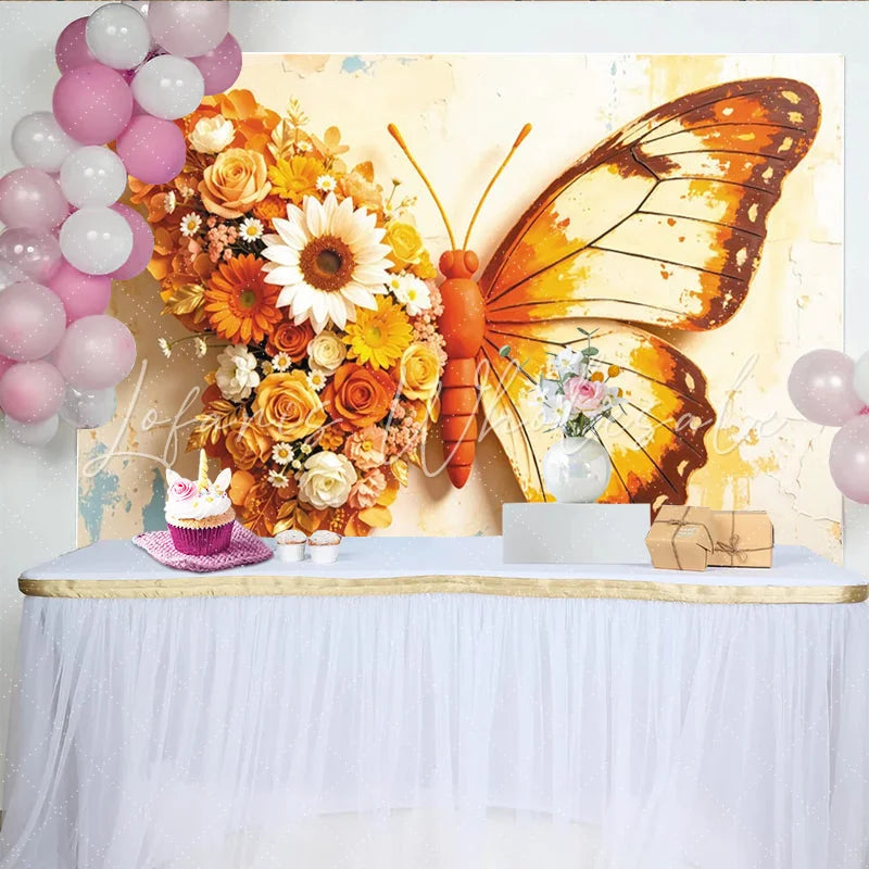 Lofaris Floral Butterfly Photography Backdrop with Orange and Yellow Flowers Artistic Textured Wall Background for Studio Photoshoot