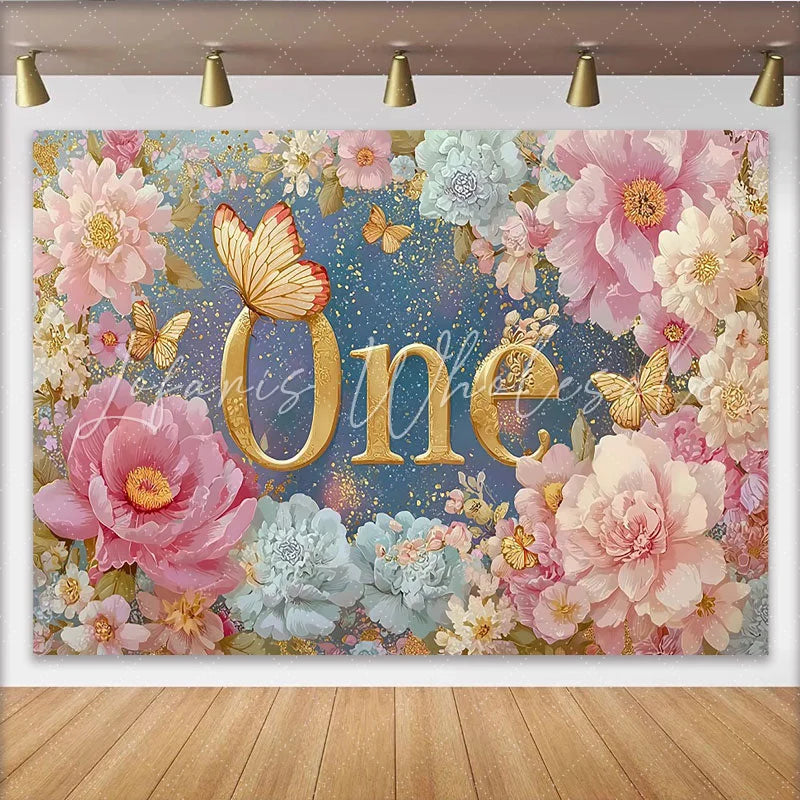 Lofaris Floral First Birthday Photography Backdrop Golden ONE and Pink Peony Photo Background