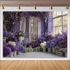 Lofaris Floral Photography Backdrop with Purple Hydrangea and Rustic Window Elegant Garden Wall Tapestry for Professional Portrait