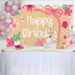 Lofaris Floral Pink Happy Birthday Backdrop with Ribbons and Green Leaves Cute Kraft Paper Texture Background for Girls Party Decoration