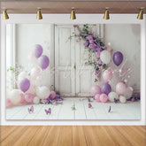 Lofaris Floral Portrait Backdrop with Purple Balloons and Butterflies Elegant White Door Decor for Professional Studio Photoshoot
