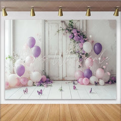 Lofaris Floral Portrait Backdrop with Purple Balloons and Butterflies Elegant White Door Decor for Professional Studio Photoshoot