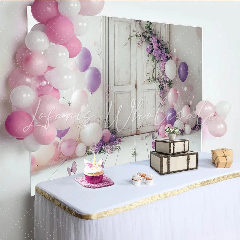 Lofaris Floral Portrait Backdrop with Purple Balloons and Butterflies Elegant White Door Decor for Professional Studio Photoshoot