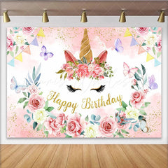 Lofaris Floral Unicorn Face Backdrop Golden Horn and Pink Rose Photography Background for Girls Birthday Party