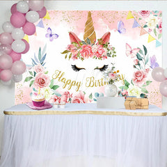 Lofaris Floral Unicorn Face Backdrop Golden Horn and Pink Rose Photography Background for Girls Birthday Party