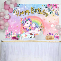 Lofaris Floral Unicorn Rose Backdrop Sleeping Winged Unicorn and Pink Garden Birthday Banner