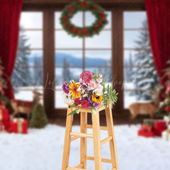 Lofaris Forest Window Scene Red Curtain Christmas Backdrop