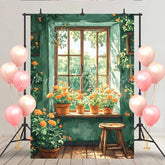 Lofaris Fresh Green Room Backdrop Windowsill Orange Flowers and Sunlight Garden for Spring Decor